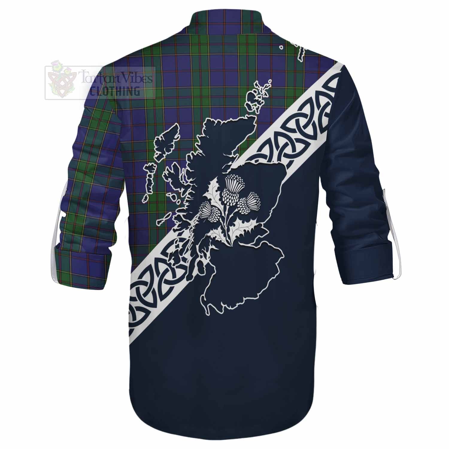 Tartan Vibes Clothing Strachan Tartan Ghillie Kilt Shirt Featuring Thistle and Scotland Map