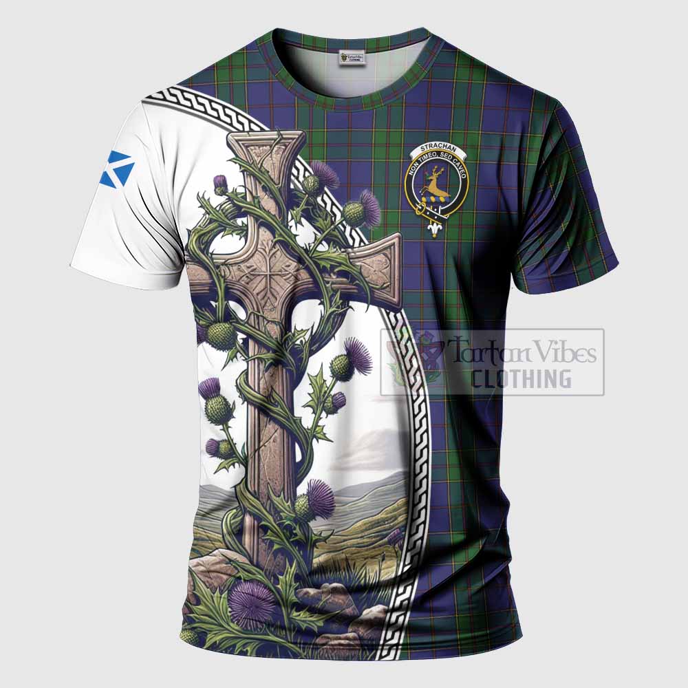 Tartan Vibes Clothing Strachan Agnew Tartan T-Shirt with Family Crest and St. Andrew's Cross Accented by Thistle Vines