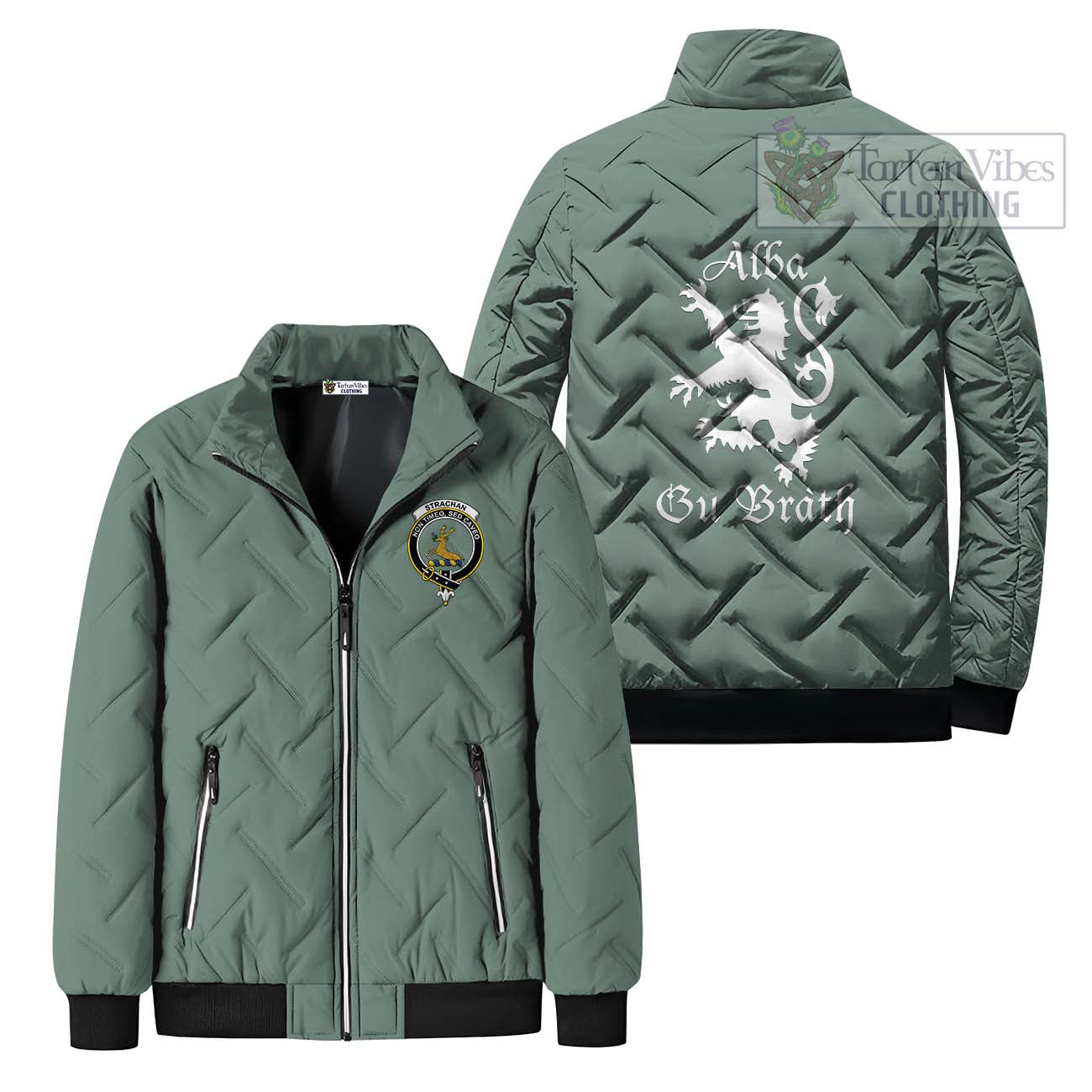 Tartan Vibes Clothing Strachan Family Crest Padded Cotton Jacket Lion Rampant Alba Gu Brath Style