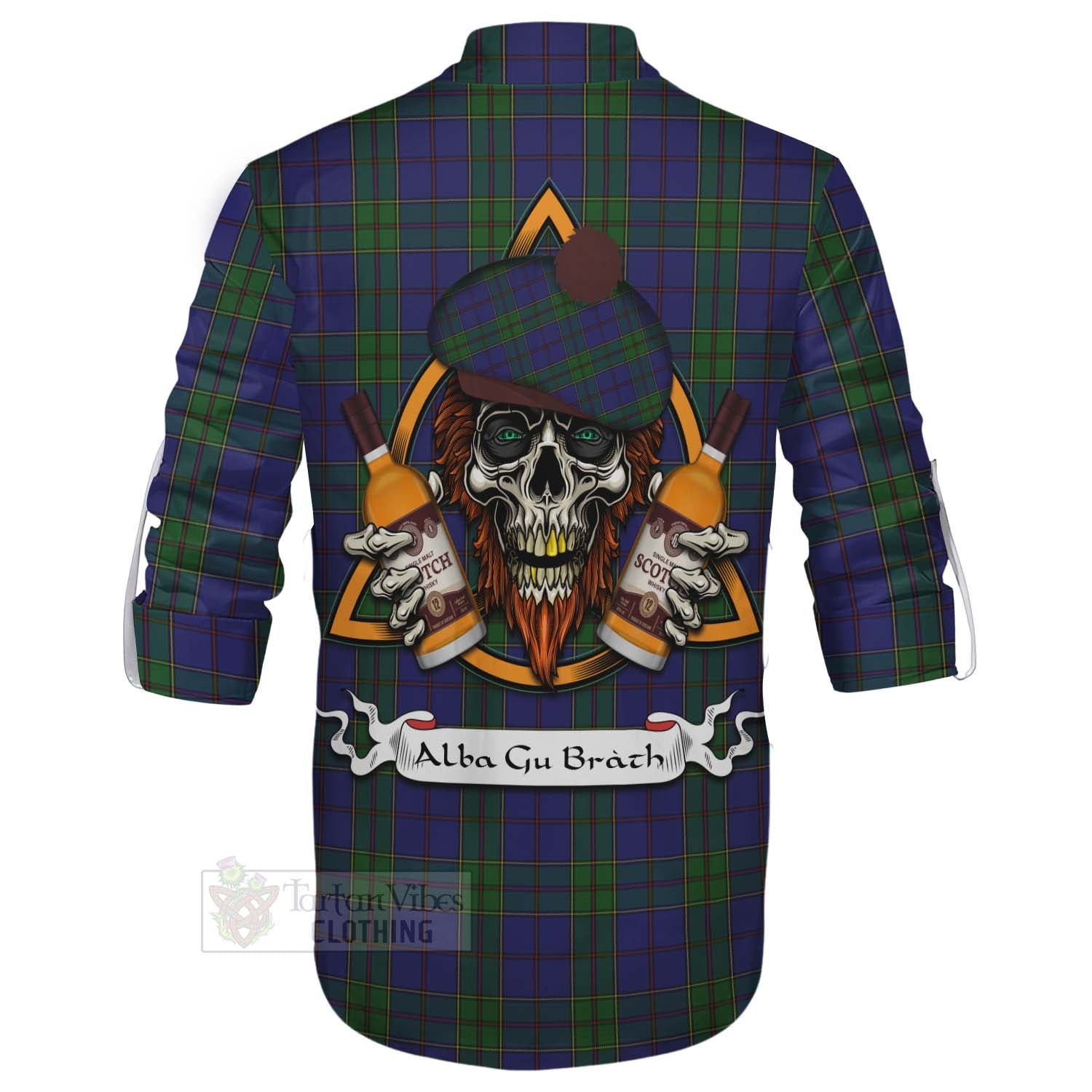 Tartan Vibes Clothing Strachan Tartan Ghillie Kilt Shirt with Family Crest and Bearded Skull Holding Bottles of Whiskey