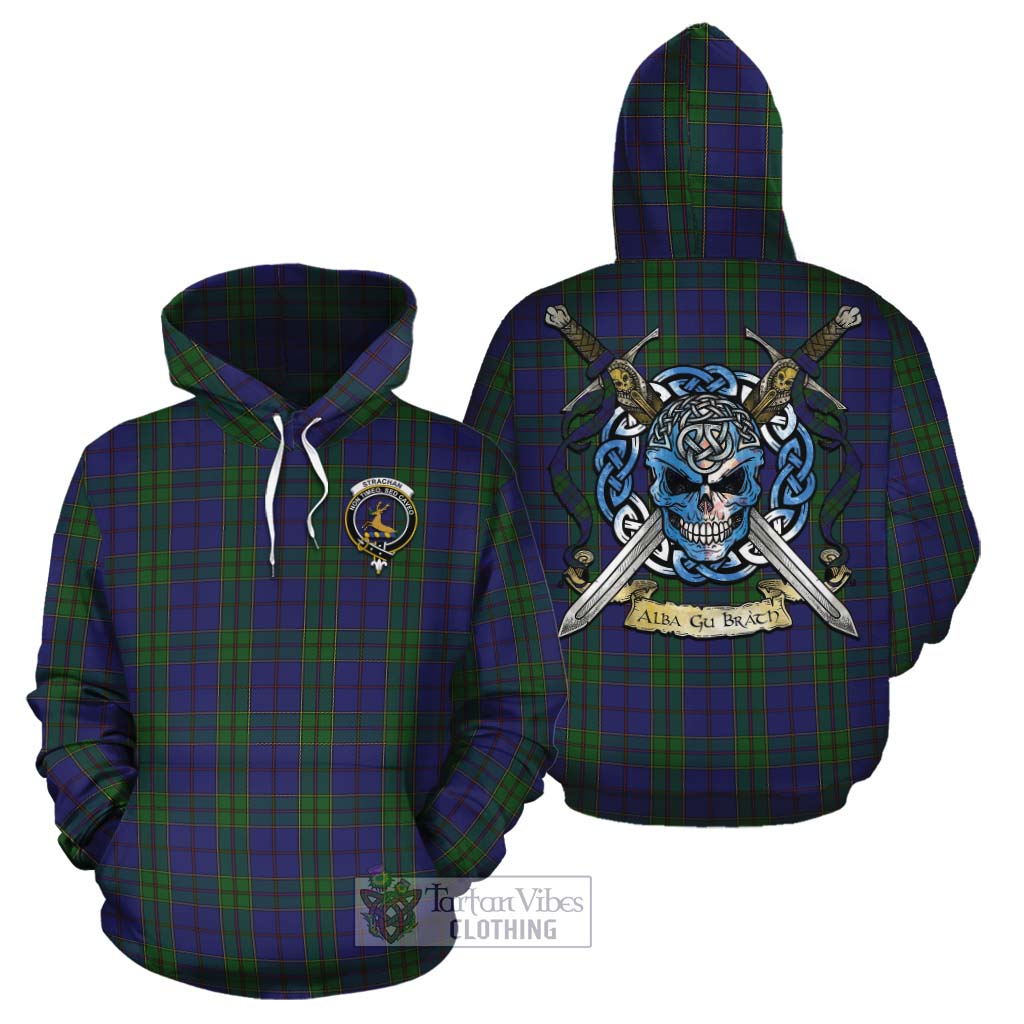 Tartan Vibes Clothing Strachan Tartan Cotton Hoodie with Family Crest Celtic Skull Style