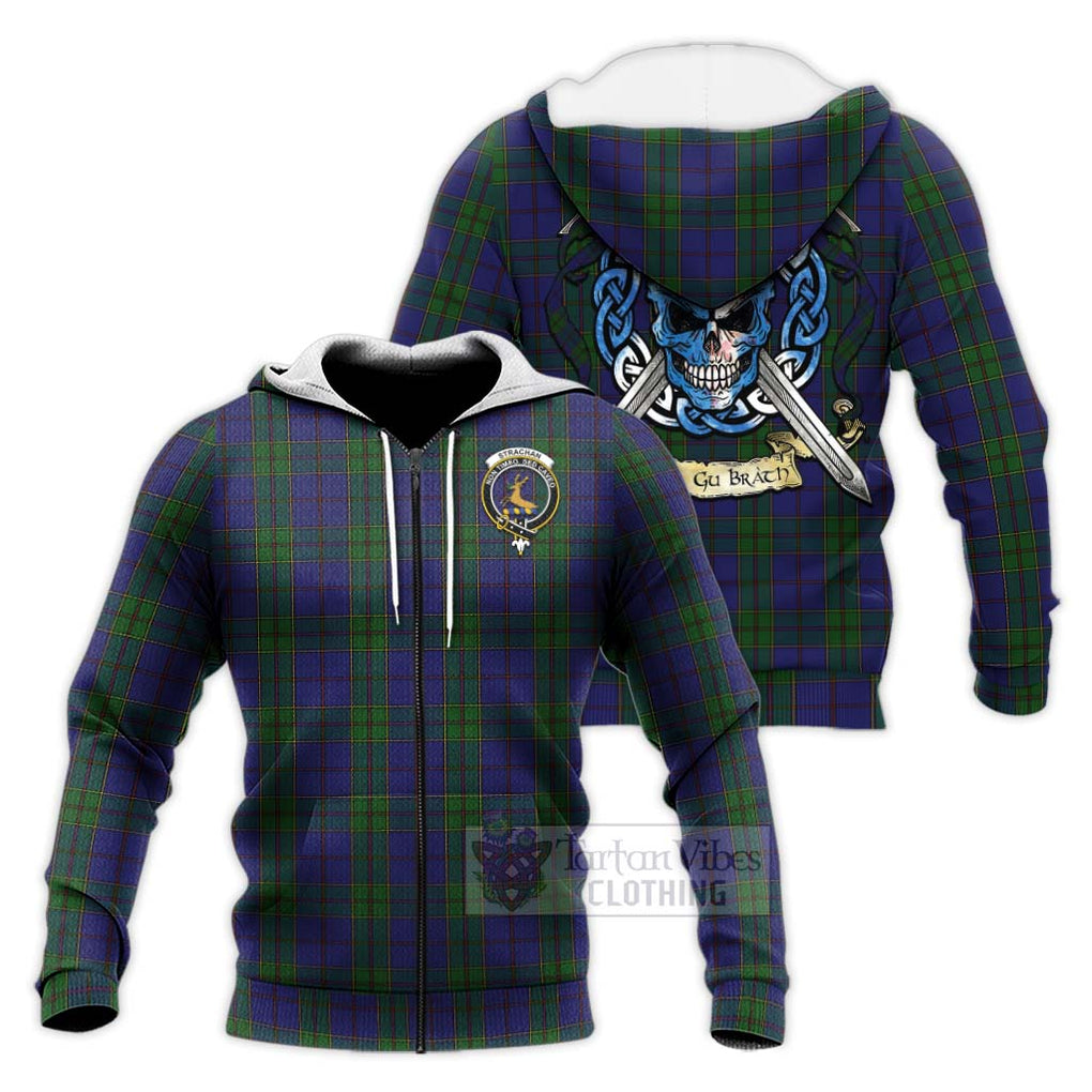 Tartan Vibes Clothing Strachan Tartan Knitted Hoodie with Family Crest Celtic Skull Style