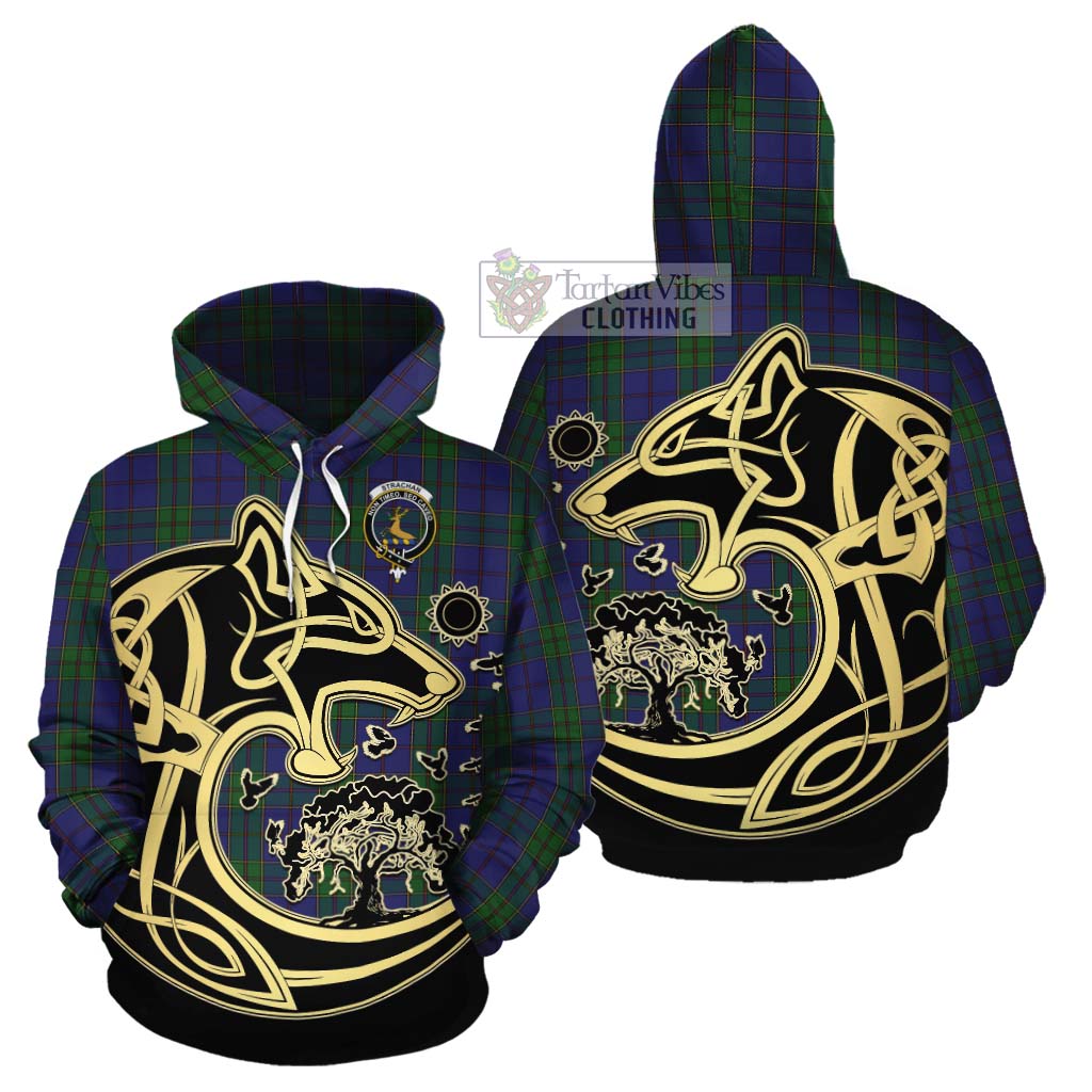 Tartan Vibes Clothing Strachan Tartan Cotton Hoodie with Family Crest Celtic Wolf Style