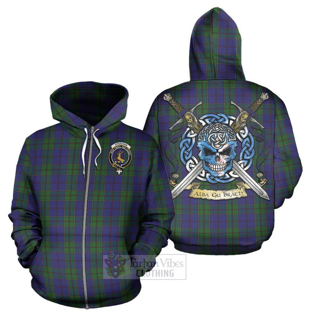 Tartan Vibes Clothing Strachan Tartan Hoodie with Family Crest Celtic Skull Style