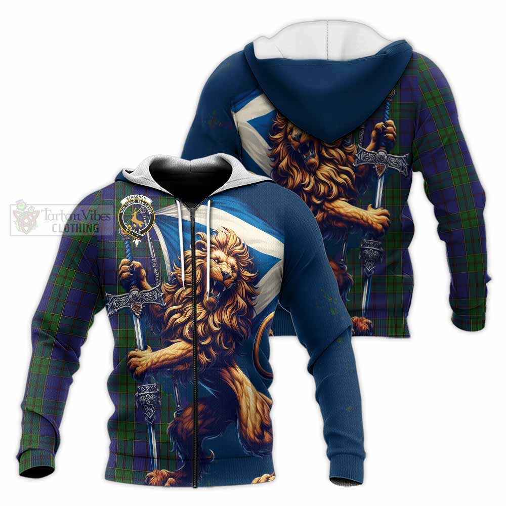 Tartan Vibes Clothing Strachan Tartan Family Crest Knitted Hoodie with Scottish Majestic Lion