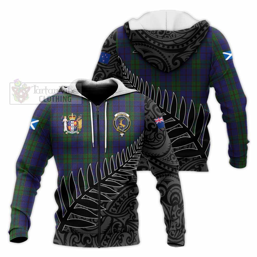 Tartan Vibes Clothing Strachan Crest Tartan Knitted Hoodie with New Zealand Silver Fern Half Style