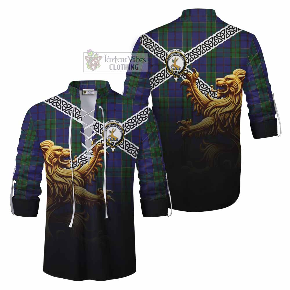 Strachan Crest Tartan Ghillie Kilt Shirt with Golden Lion Emblem Celtic Style - Tartan Vibes Clothing