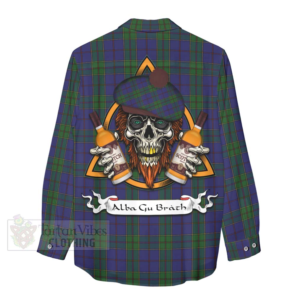 Tartan Vibes Clothing Strachan Tartan Women's Casual Shirt with Family Crest and Bearded Skull Holding Bottles of Whiskey