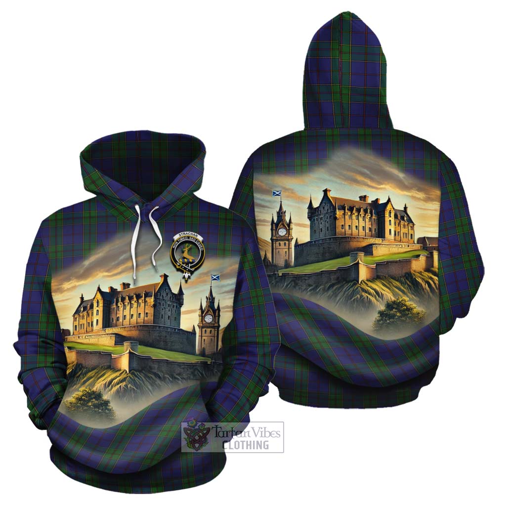 Strachan Tartan Family Crest Cotton Hoodie with Scottish Ancient Castle Style - Tartan Vibes Clothing