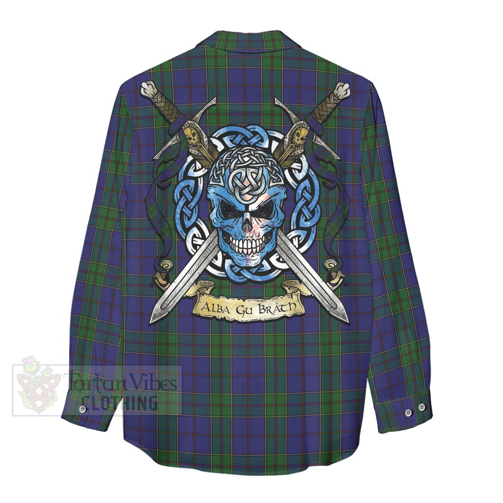 Tartan Vibes Clothing Strachan Tartan Women's Casual Shirt with Family Crest Celtic Skull Style