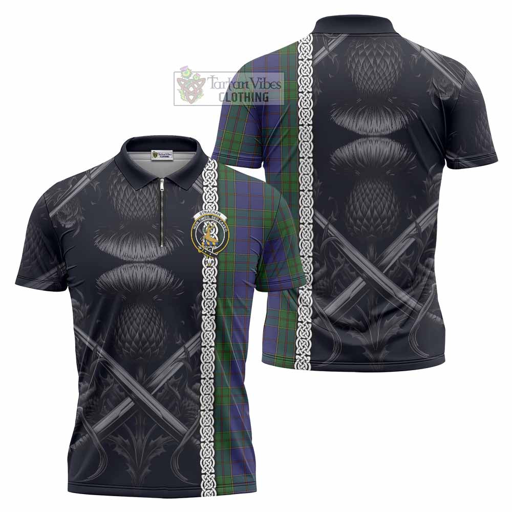 Tartan Vibes Clothing Strachan Tartan Zipper Polo Shirt with Family Crest Cross Sword Thistle Celtic Vibes