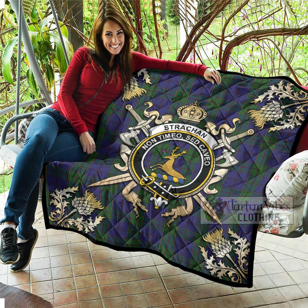 Tartan Vibes Clothing Strachan Tartan Quilt with Family Crest and Scottish Golden Courage Shield