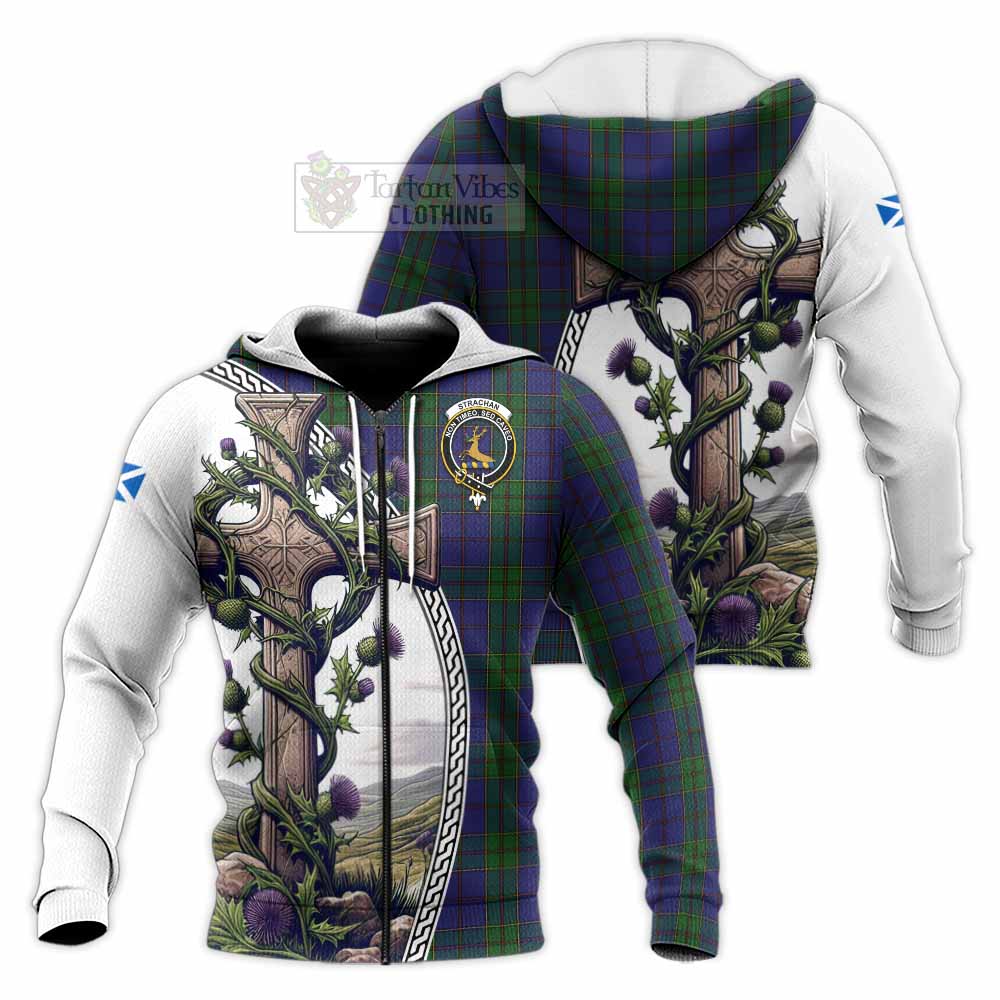 Tartan Vibes Clothing Strachan Tartan Knitted Hoodie with Family Crest and St. Andrew's Cross Accented by Thistle Vines