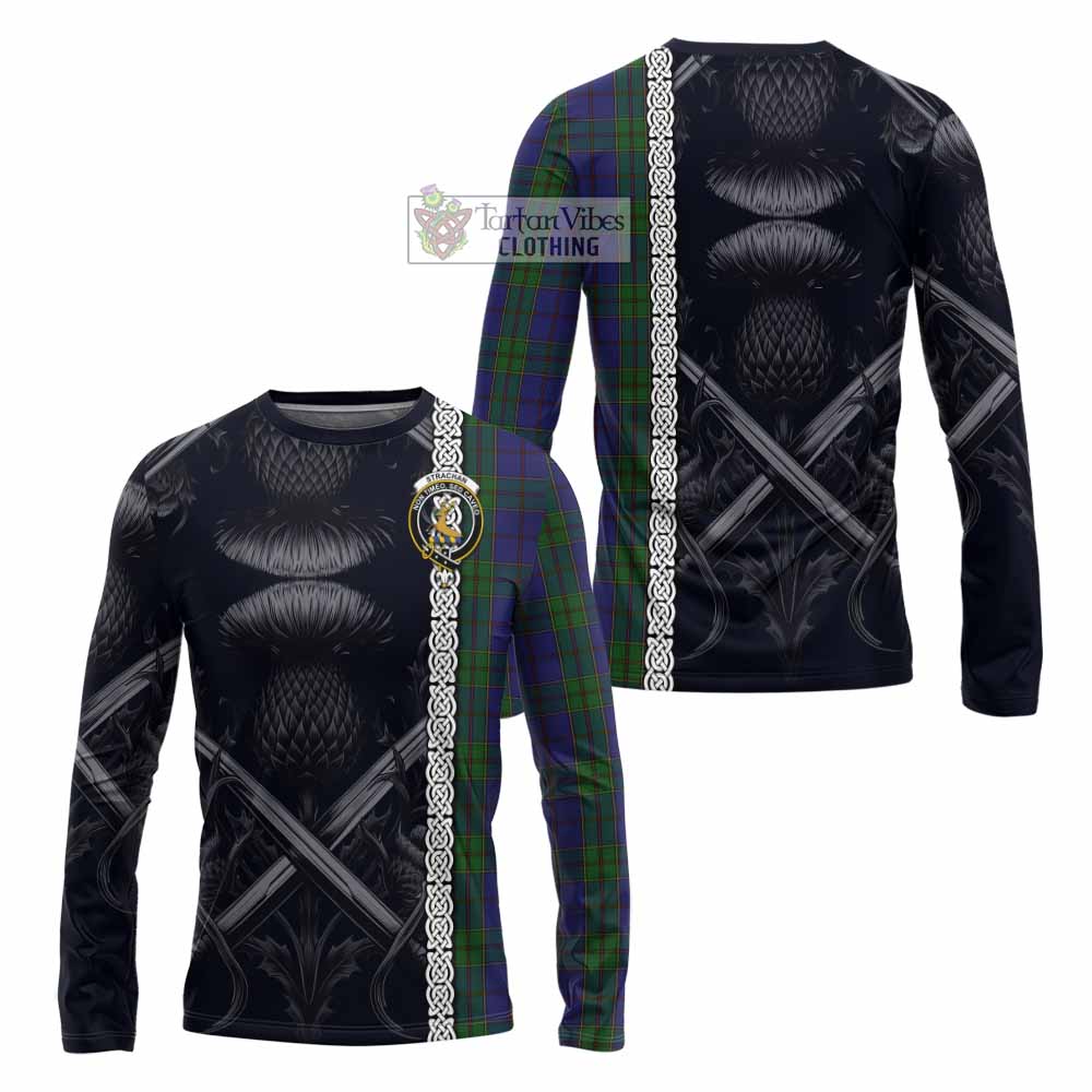 Tartan Vibes Clothing Strachan Tartan Long Sleeve T-Shirt with Family Crest Cross Sword Thistle Celtic Vibes