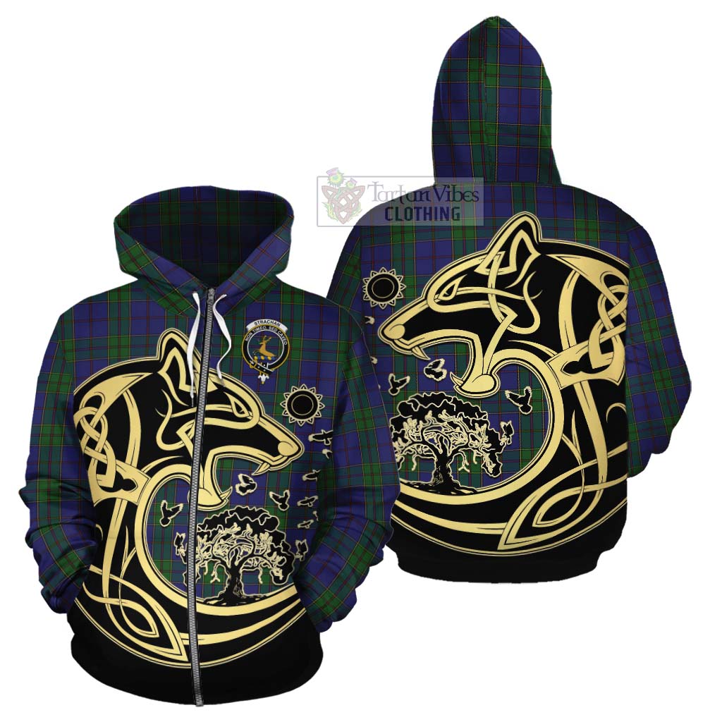 Tartan Vibes Clothing Strachan Tartan Cotton Hoodie with Family Crest Celtic Wolf Style