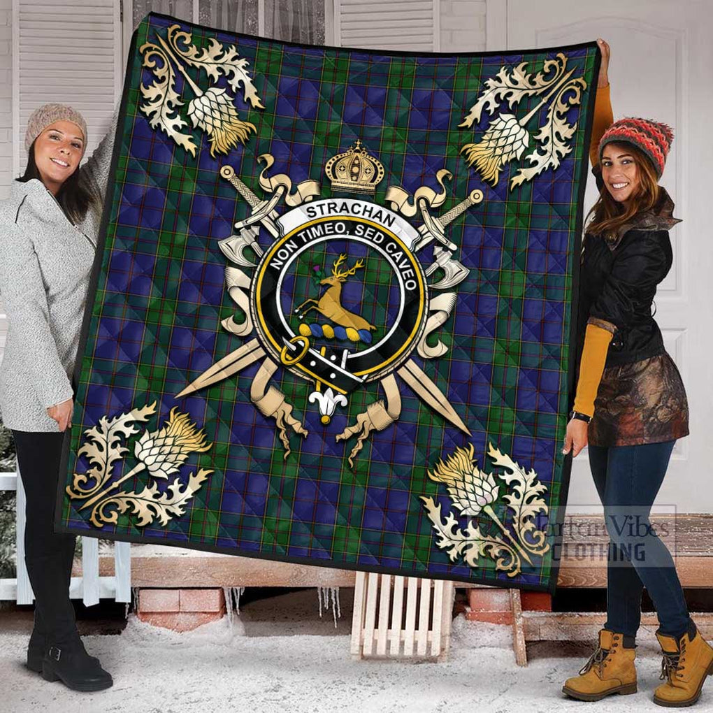 Tartan Vibes Clothing Strachan Tartan Quilt with Family Crest and Scottish Golden Courage Shield