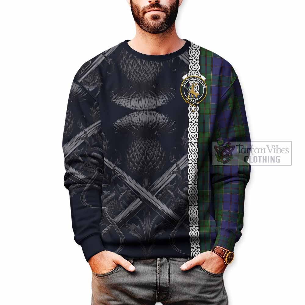 Tartan Vibes Clothing Strachan Tartan Sweatshirt with Family Crest Cross Sword Thistle Celtic Vibes