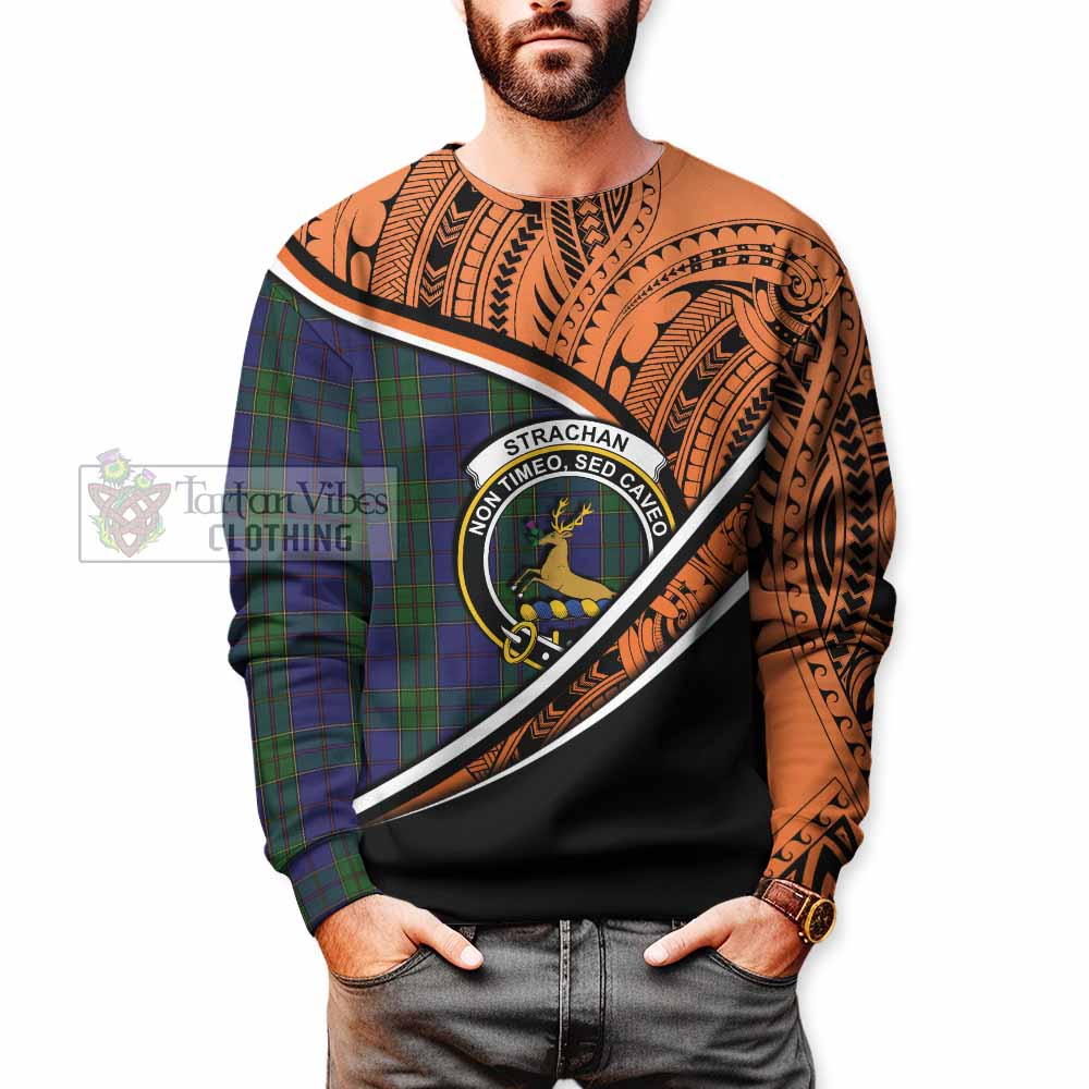 Tartan Vibes Clothing Strachan Crest Tartan Sweatshirt with Maori Tattoo Style - Orange Version