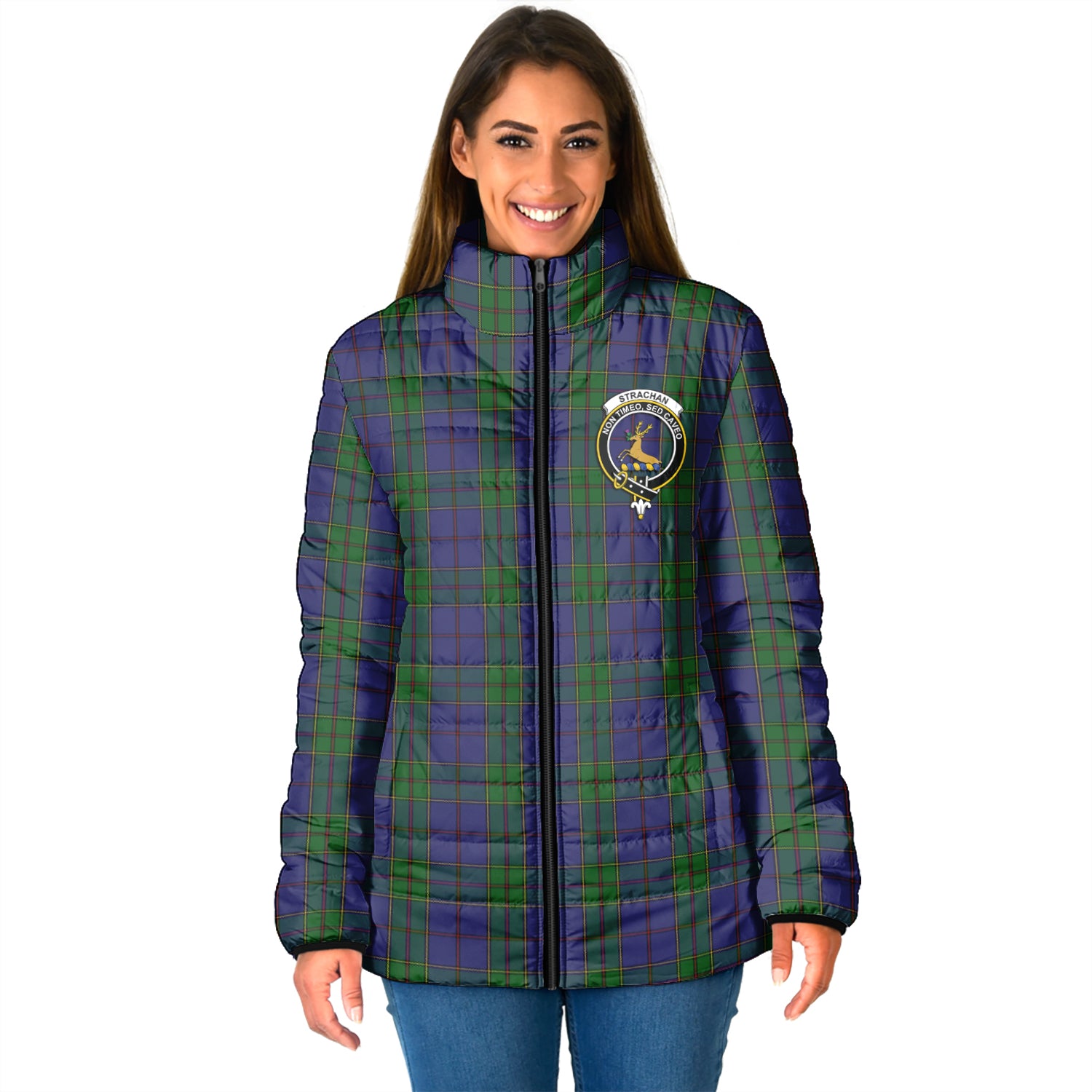 Strachan Tartan Padded Jacket with Family Crest - Tartan Vibes Clothing