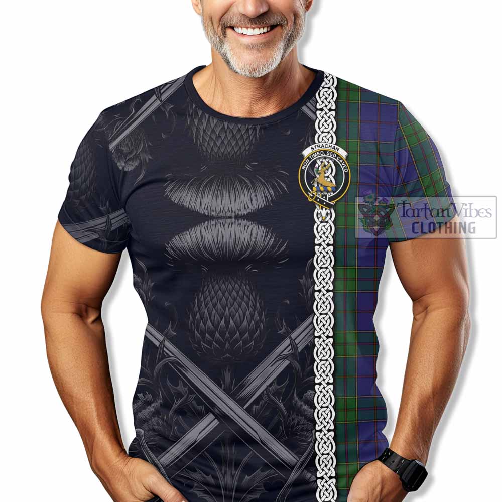 Tartan Vibes Clothing Strachan Tartan T-Shirt with Family Crest Cross Sword Thistle Celtic Vibes