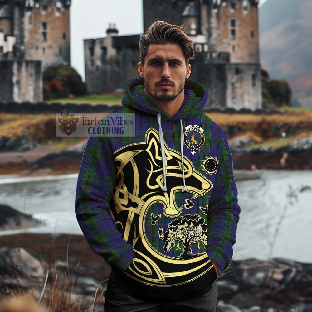 Tartan Vibes Clothing Strachan Tartan Cotton Hoodie with Family Crest Celtic Wolf Style