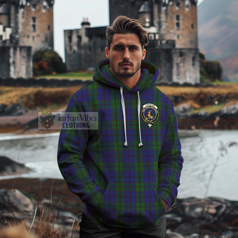 Tartan Vibes Clothing Strachan Tartan Cotton Hoodie with Family Crest and Bearded Skull Holding Bottles of Whiskey