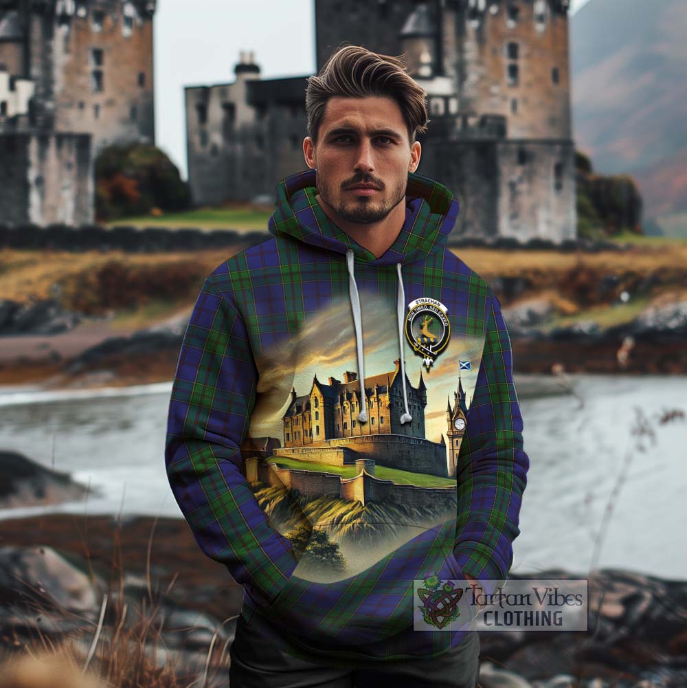 Strachan Tartan Family Crest Cotton Hoodie with Scottish Ancient Castle Style - Tartan Vibes Clothing
