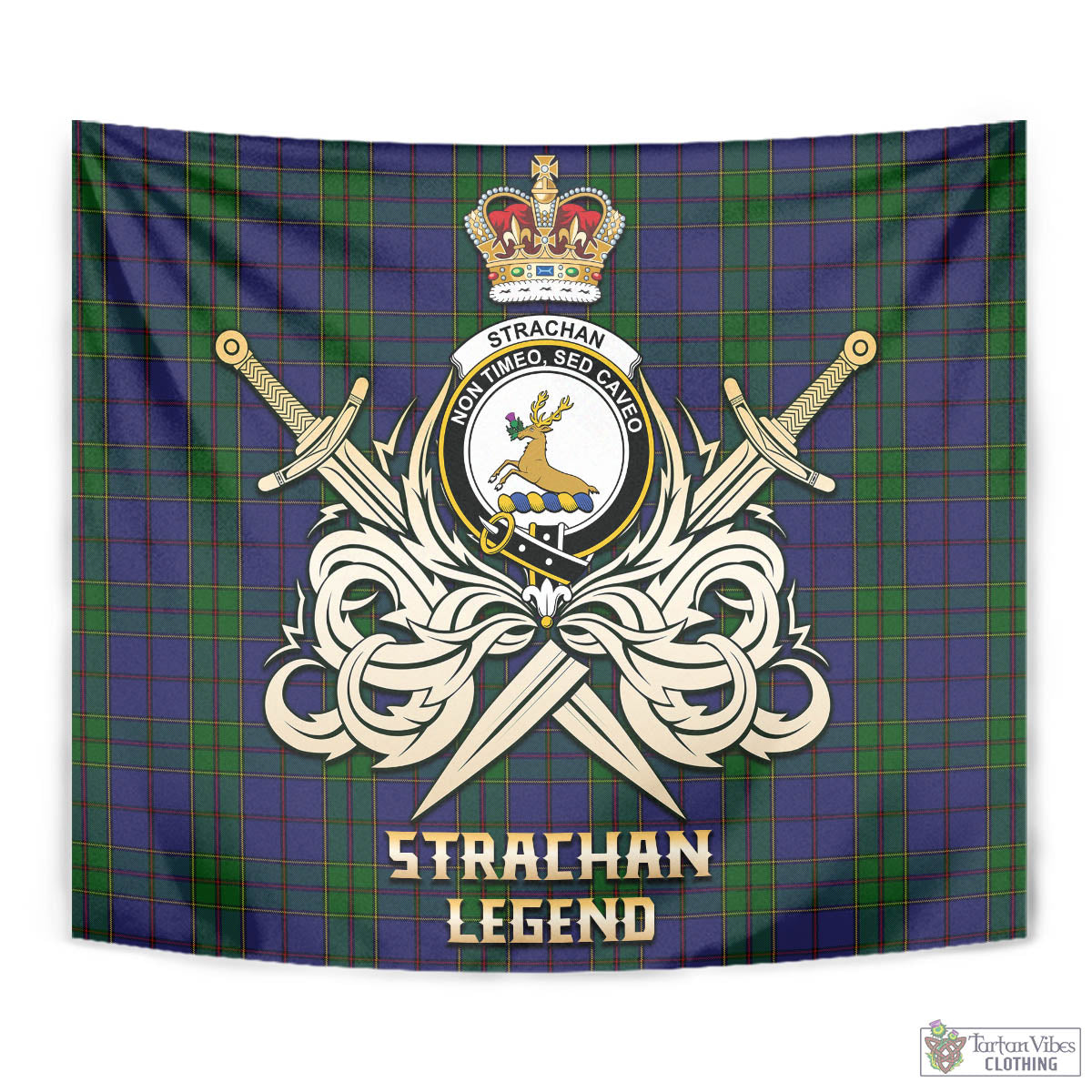 Tartan Vibes Clothing Strachan Tartan Tapestry with Clan Crest and the Golden Sword of Courageous Legacy