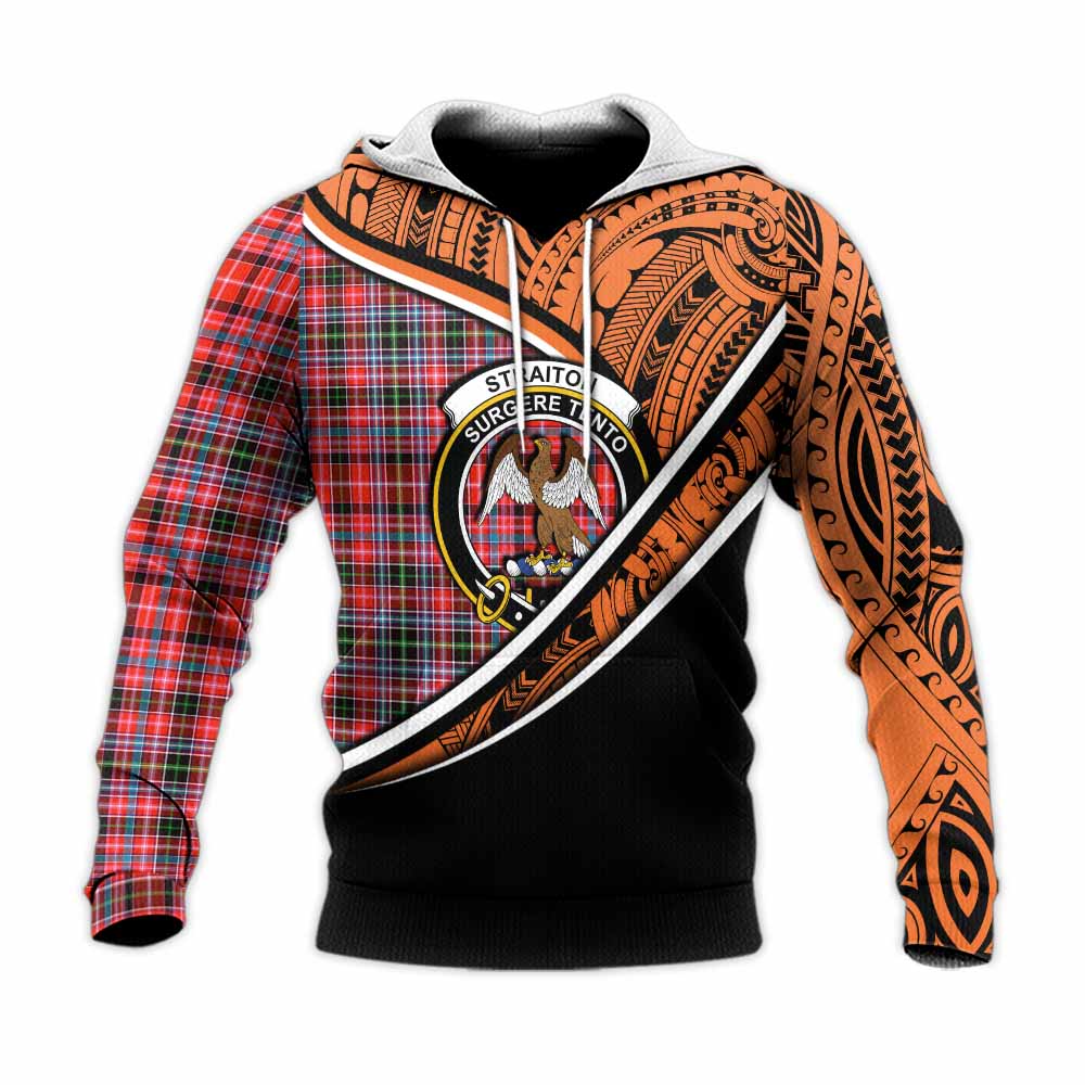 Tartan Vibes Clothing Straiton Crest Tartan Knitted Hoodie with Maori Tattoo Style - Orange Version