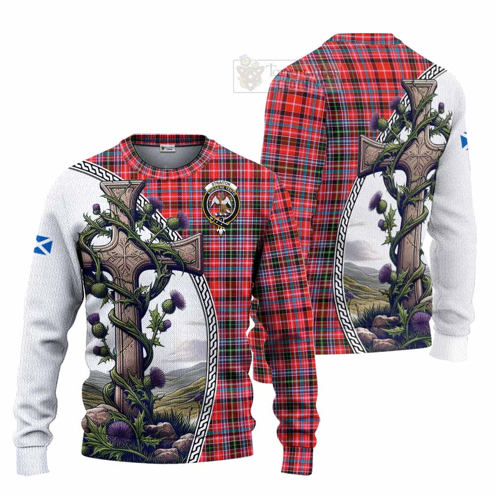 Tartan Vibes Clothing Straiton Tartan Knitted Sweater with Family Crest and St. Andrew's Cross Accented by Thistle Vines