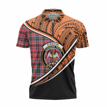 Straiton Crest Tartan Zipper Polo Shirt with Polynesian Vibes Style - Orange Version