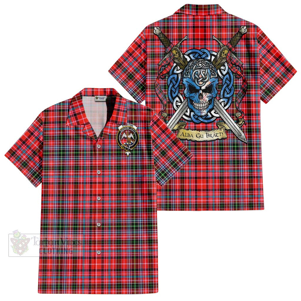 Tartan Vibes Clothing Straiton Tartan Short Sleeve Button Shirt with Family Crest Celtic Skull Style