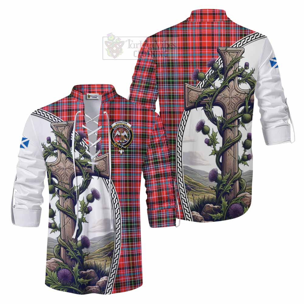 Tartan Vibes Clothing Straiton Tartan Ghillie Kilt Shirt with Family Crest and St. Andrew's Cross Accented by Thistle Vines