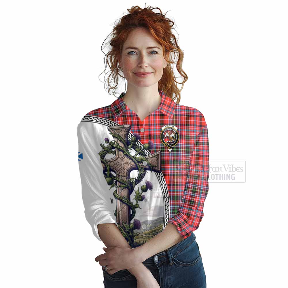 Tartan Vibes Clothing Straiton Tartan Women's Casual Shirt with Family Crest and St. Andrew's Cross Accented by Thistle Vines