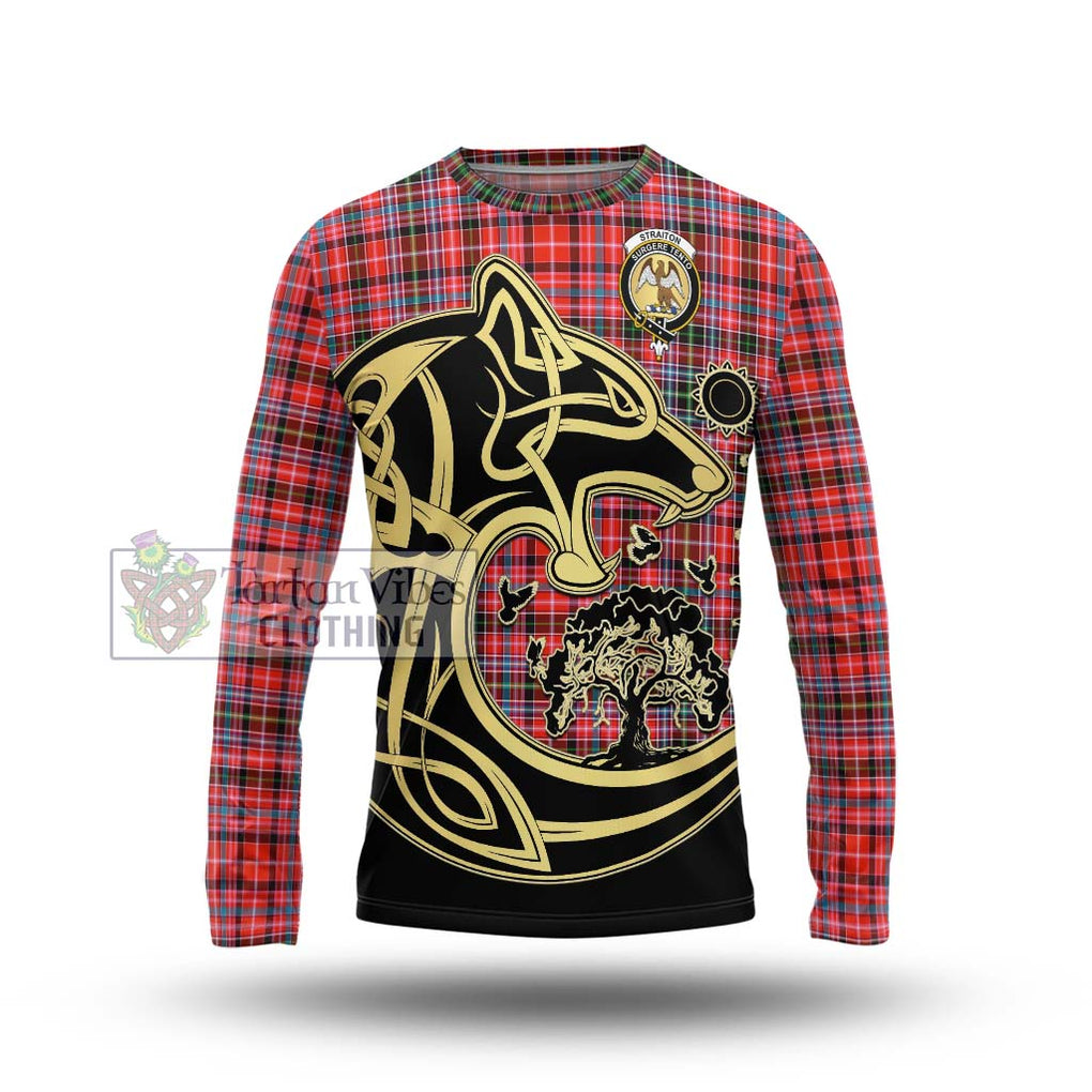 Straiton Tartan Long Sleeve T-Shirt with Family Crest Celtic Wolf Style Unisex - Tartan Vibes Clothing