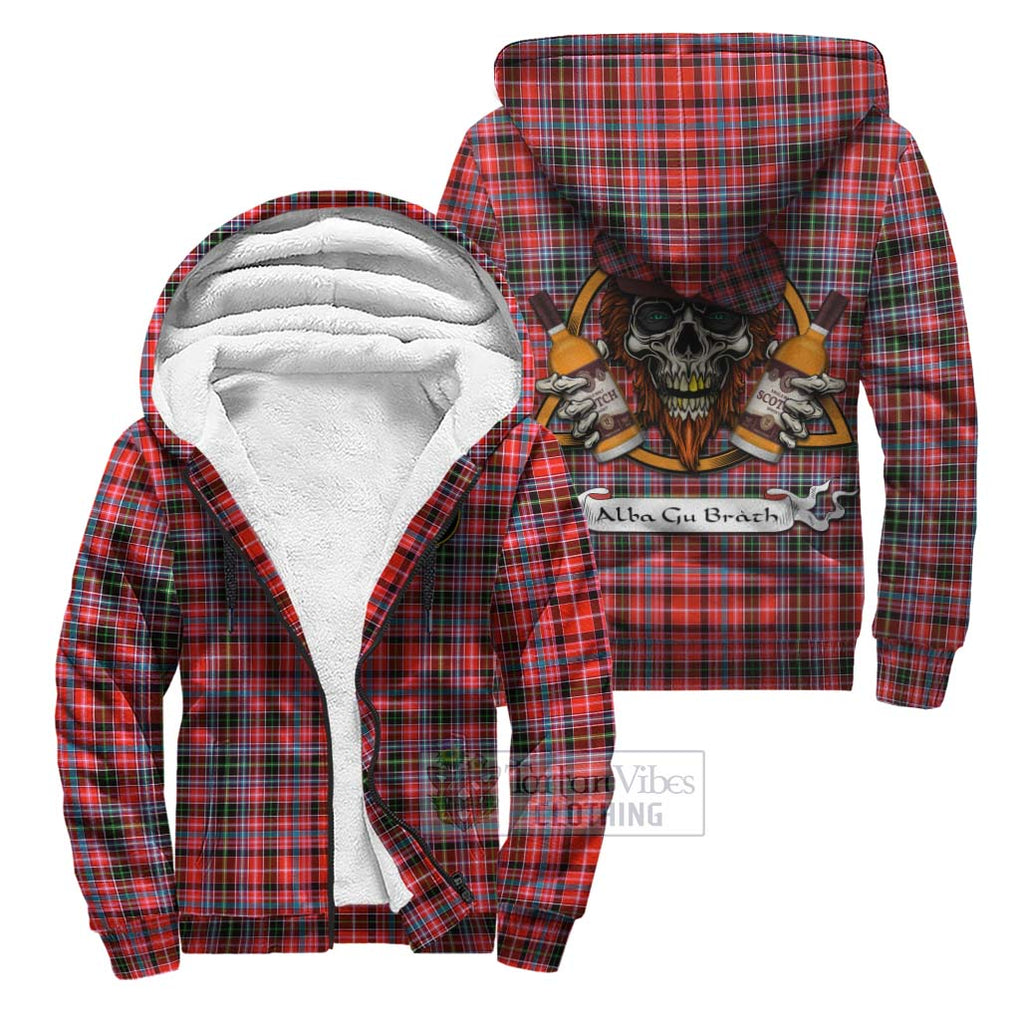 Tartan Vibes Clothing Straiton Tartan Sherpa Hoodie with Family Crest and Bearded Skull Holding Bottles of Whiskey