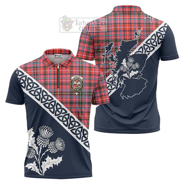 Straiton Tartan Zipper Polo Shirt Featuring Thistle and Scotland Map