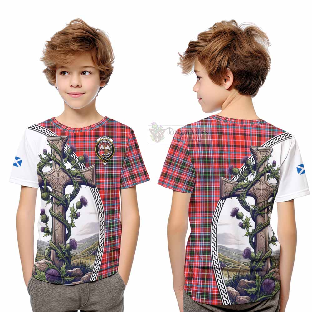 Tartan Vibes Clothing Straiton Tartan Kid T-Shirt with Family Crest and St. Andrew's Cross Accented by Thistle Vines