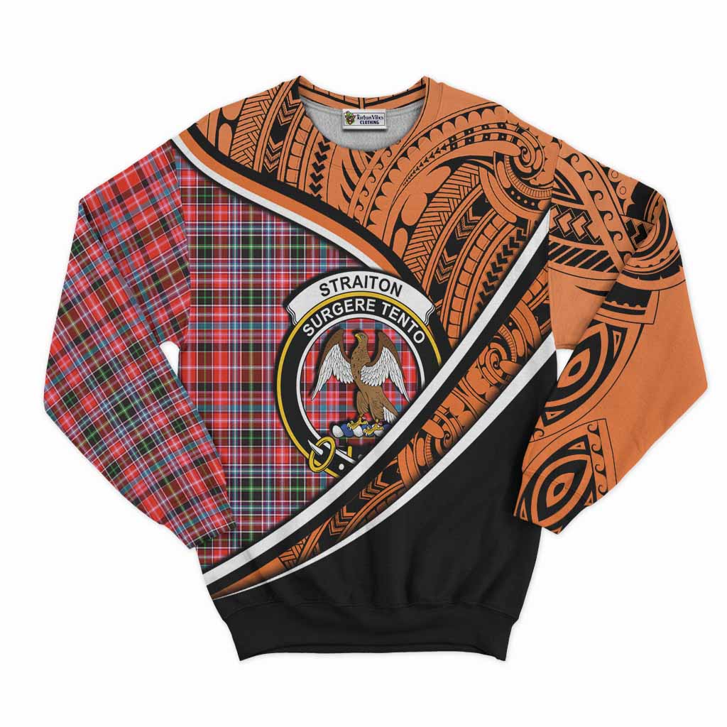 Tartan Vibes Clothing Straiton Crest Tartan Sweatshirt with Maori Tattoo Style - Orange Version