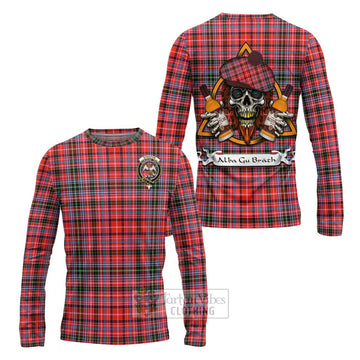 Straiton Tartan Long Sleeve T-Shirt with Family Crest and Bearded Skull Holding Bottles of Whiskey