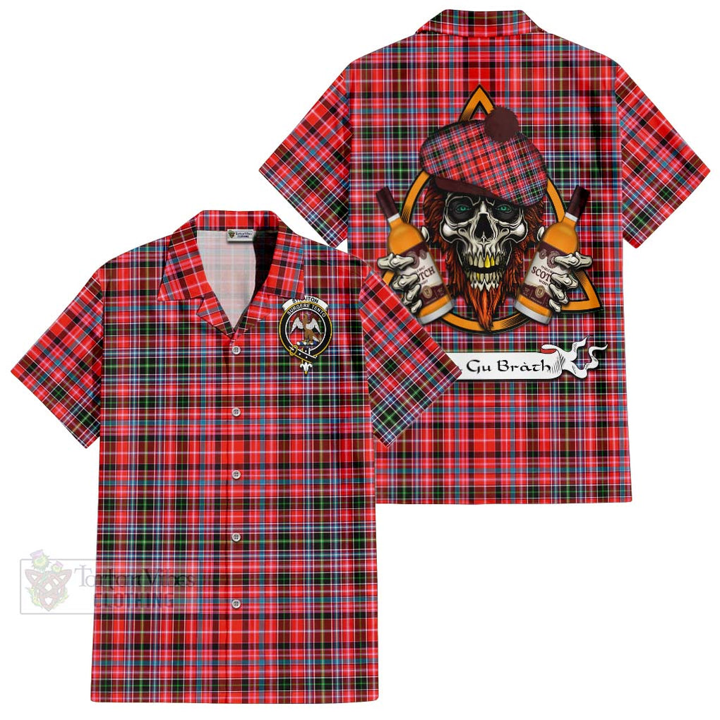 Tartan Vibes Clothing Straiton Tartan Short Sleeve Button Shirt with Family Crest and Bearded Skull Holding Bottles of Whiskey