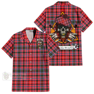 Straiton Tartan Short Sleeve Button Shirt with Family Crest and Bearded Skull Holding Bottles of Whiskey