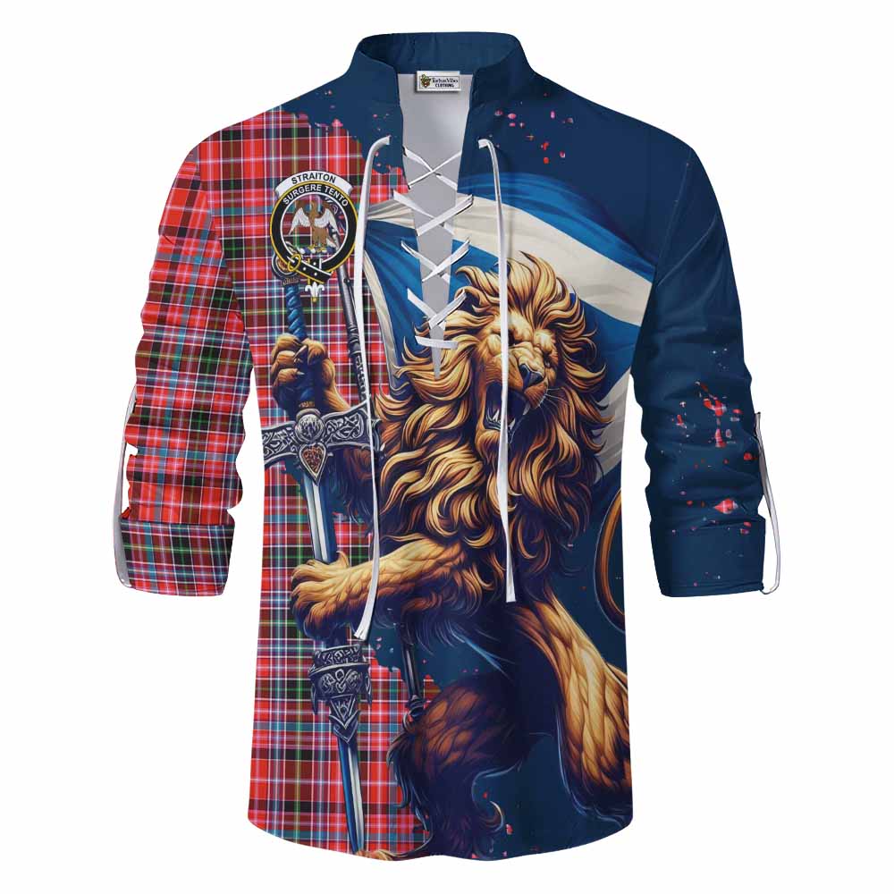 Tartan Vibes Clothing Straiton Tartan Family Crest Ghillie Kilt Shirt with Scottish Majestic Lion