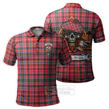 Straiton Tartan Polo Shirt with Family Crest and Bearded Skull Holding Bottles of Whiskey