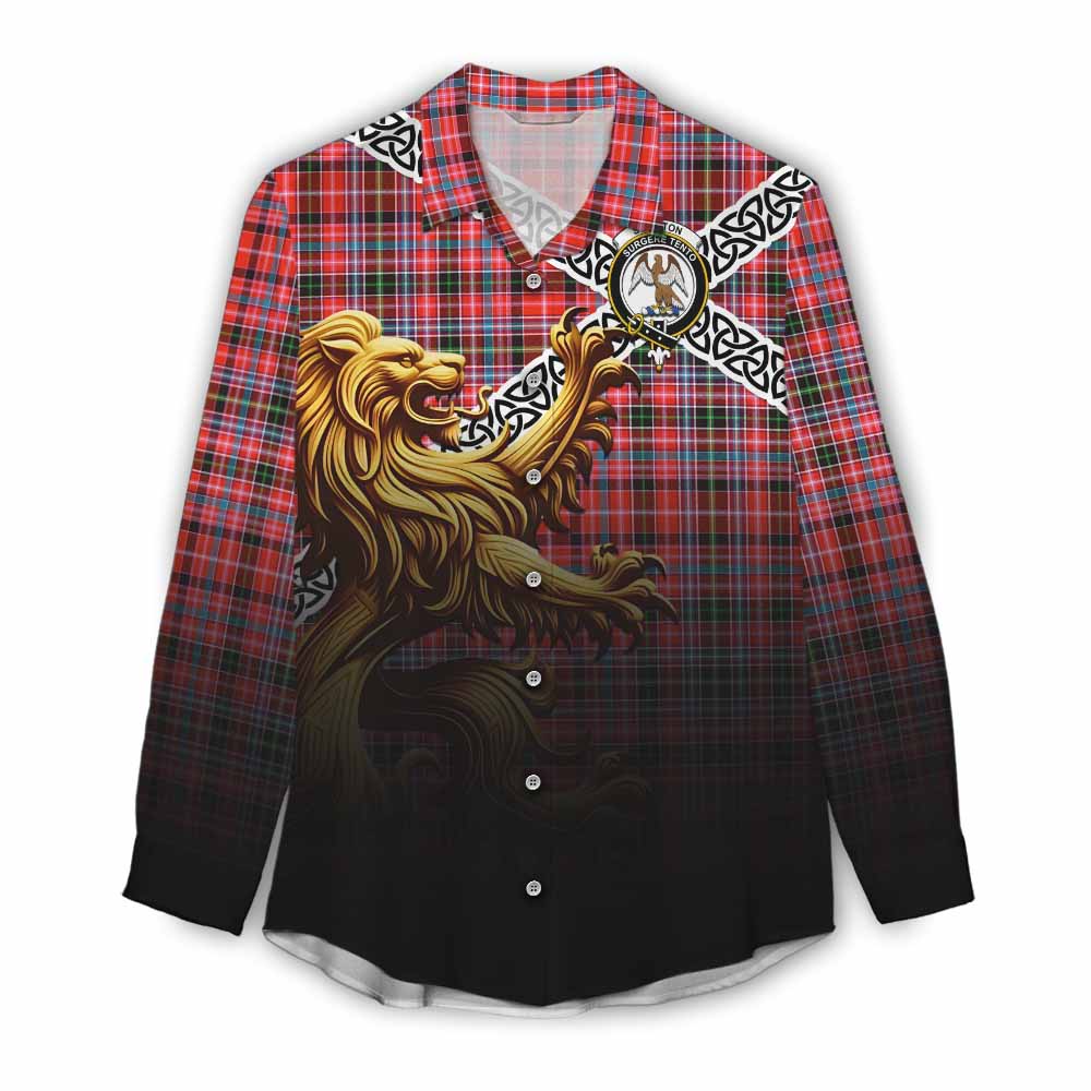 Straiton Crest Tartan Women's Casual Shirt with Golden Lion Emblem Celtic Style Female - Tartan Vibes Clothing