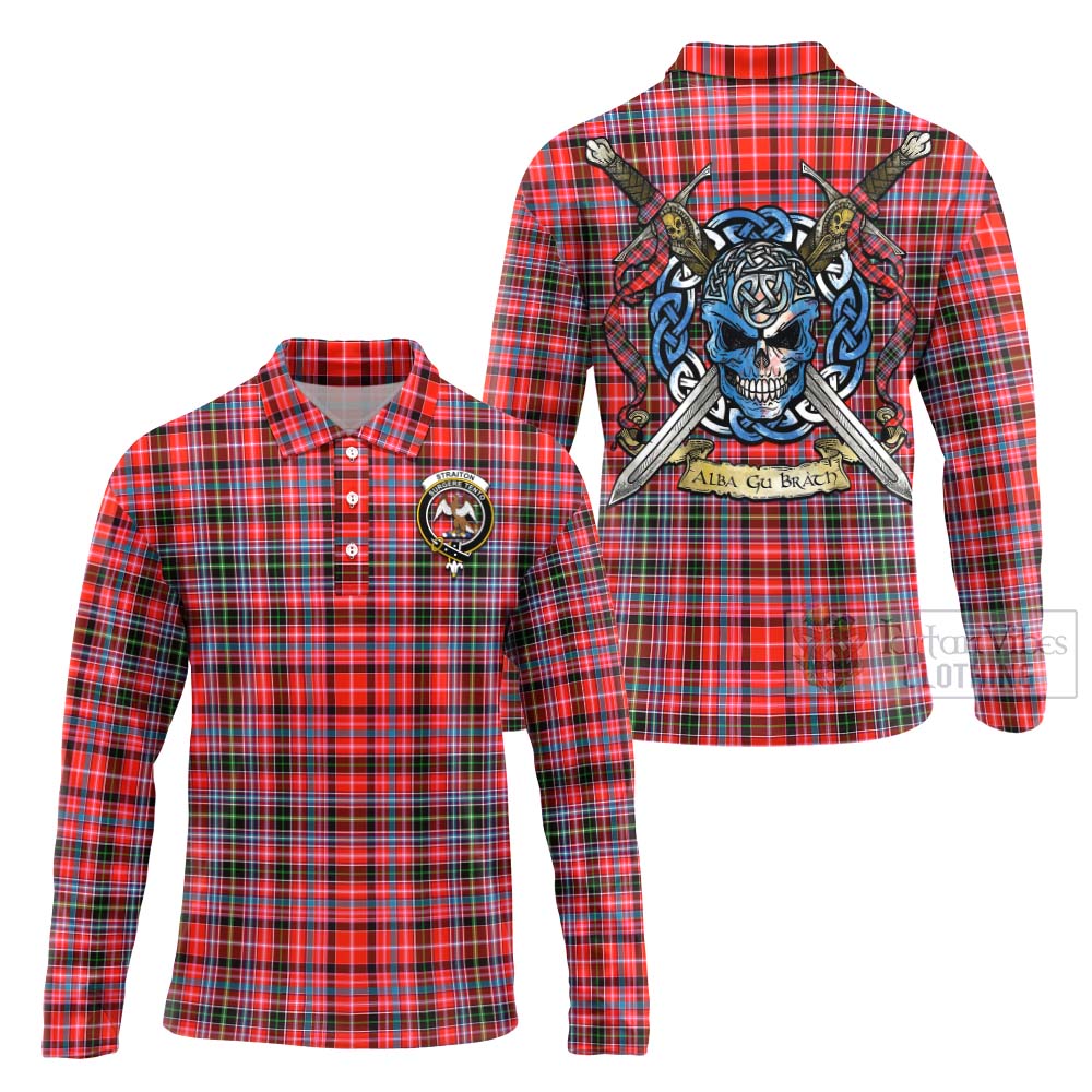 Tartan Vibes Clothing Straiton Tartan Long Sleeve Polo Shirt with Family Crest Celtic Skull Style