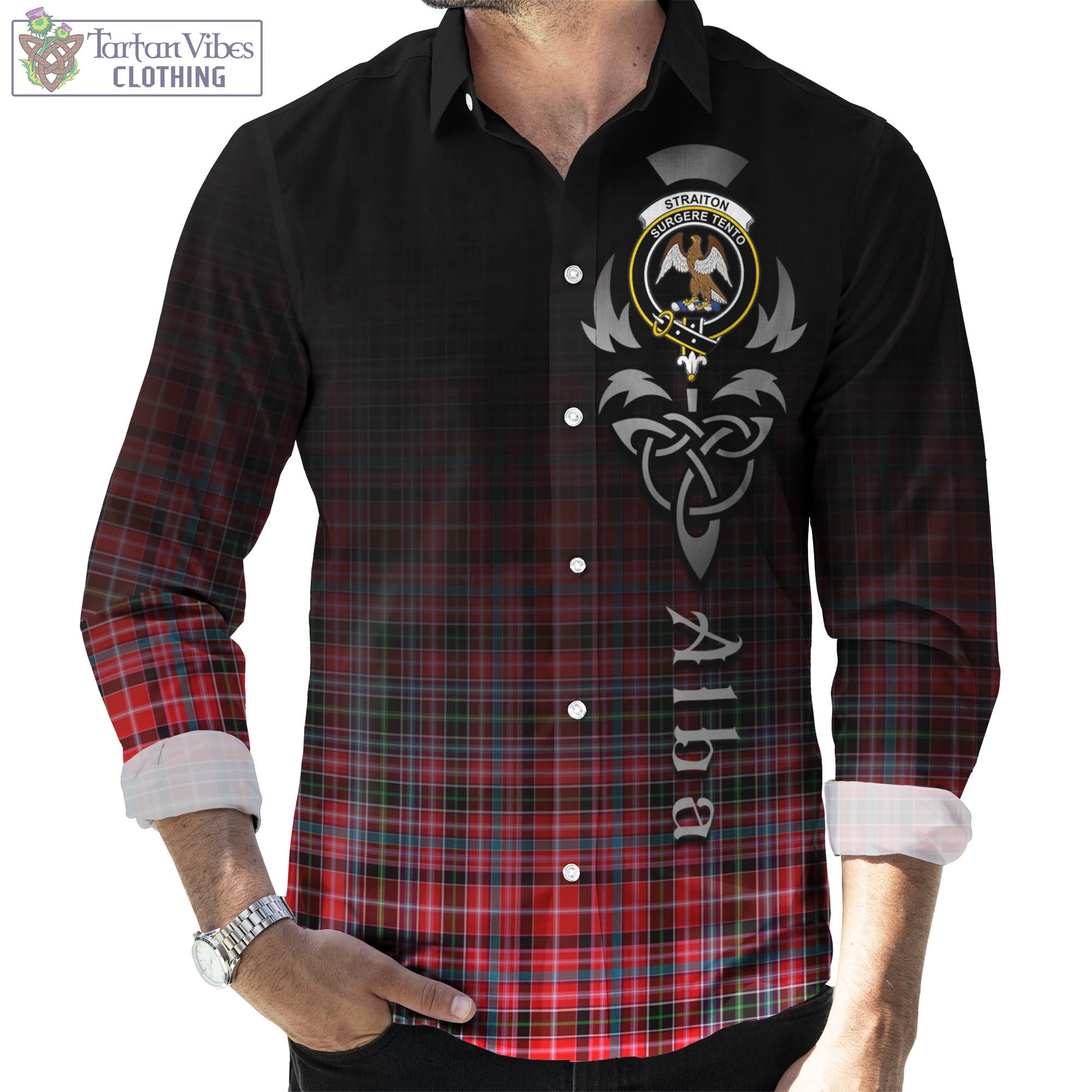 Tartan Vibes Clothing Straiton Tartan Long Sleeve Button Up Featuring Alba Gu Brath Family Crest Celtic Inspired