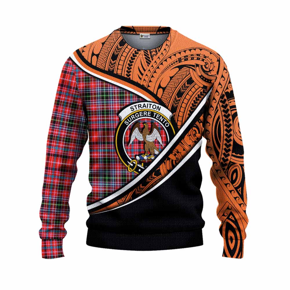 Tartan Vibes Clothing Straiton Crest Tartan Knitted Sweater with Maori Tattoo Style - Orange Version