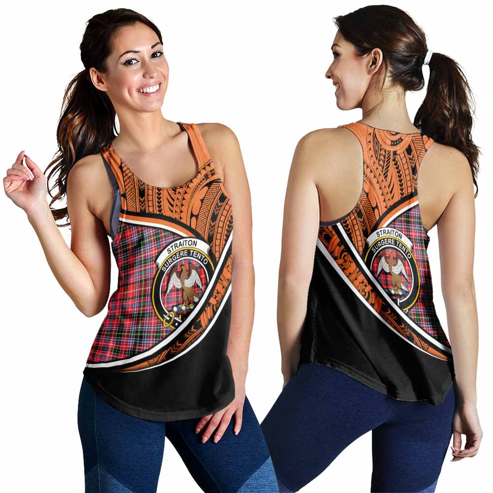 Tartan Vibes Clothing Straiton Crest Tartan Women's Racerback Tanks with Maori Tattoo Style - Orange Version