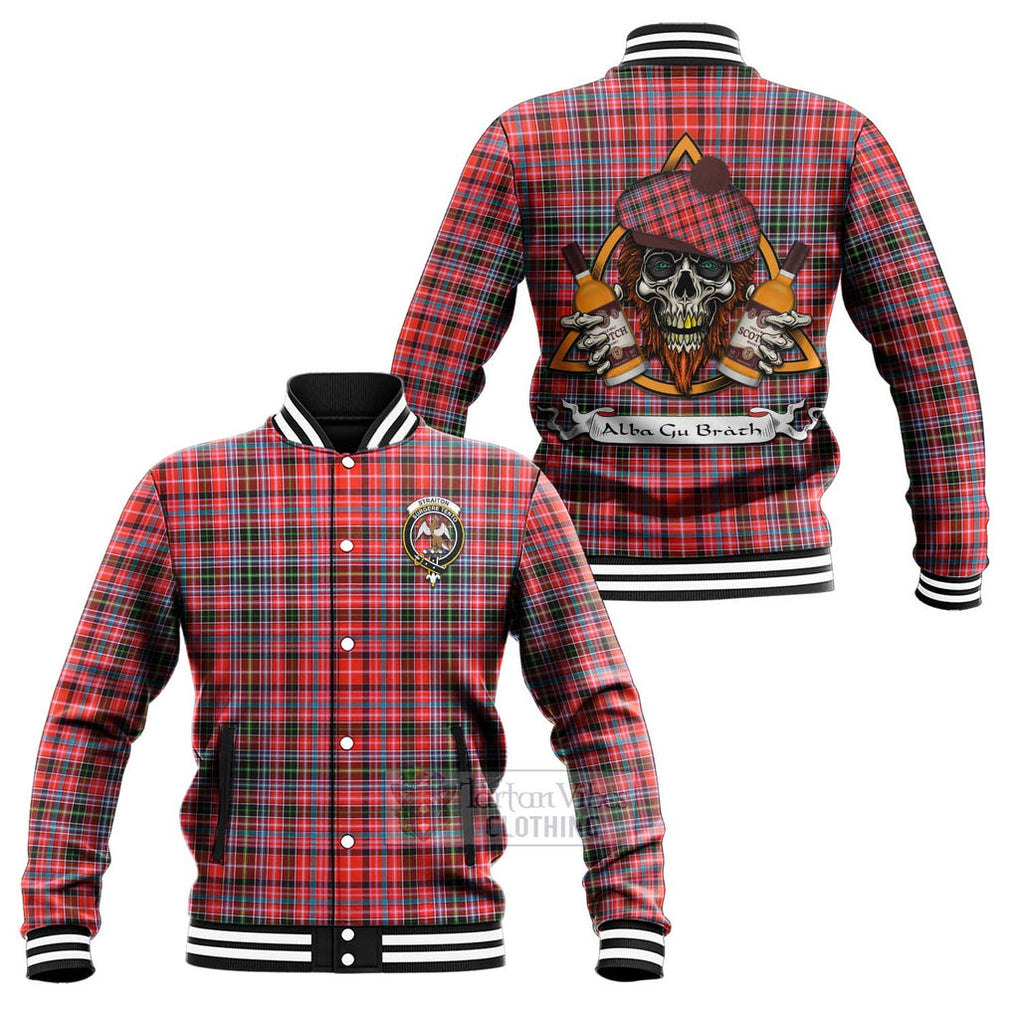 Tartan Vibes Clothing Straiton Tartan Baseball Jacket with Family Crest and Bearded Skull Holding Bottles of Whiskey